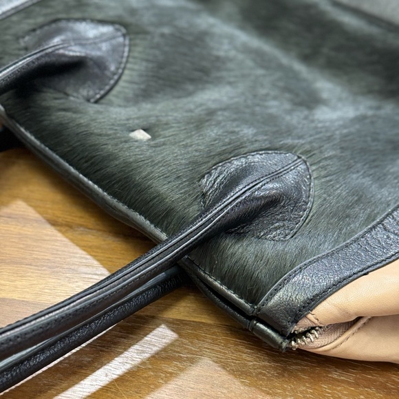 Pour La Victoire Tote Bag Leather & Calf Hair Black Beige Purse Colorblock - Picture 12 of 12